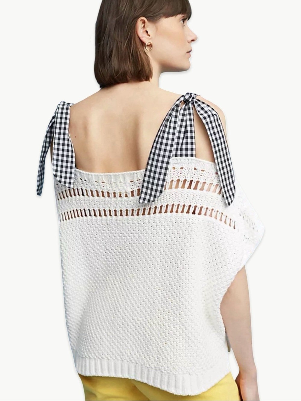 Maeve Anthropologie Tie Shoulder Sweater Tank Gingham Bow Top Size Small Crochet